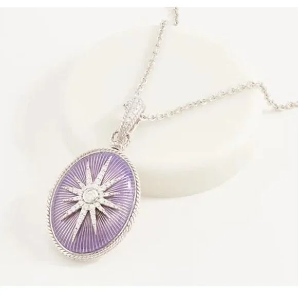 Judith Ripka Sterling Necklace Purple Guilloche Enamel Star Locket 36" Chain - Picture 1 of 5